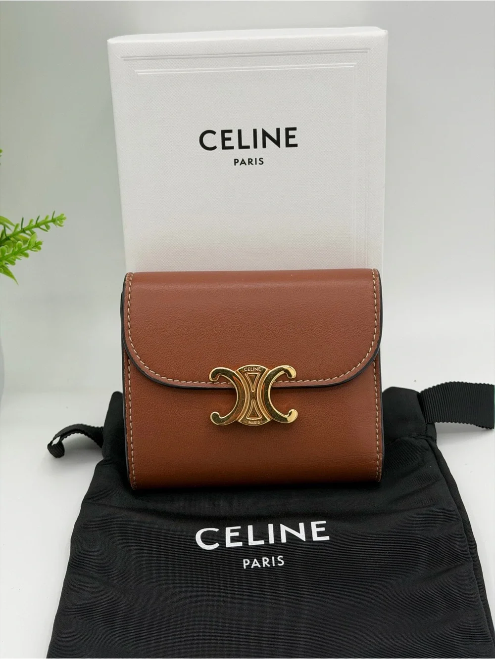 Celine Brown Leather Triomphe Compact Wallet with Gold Hardware